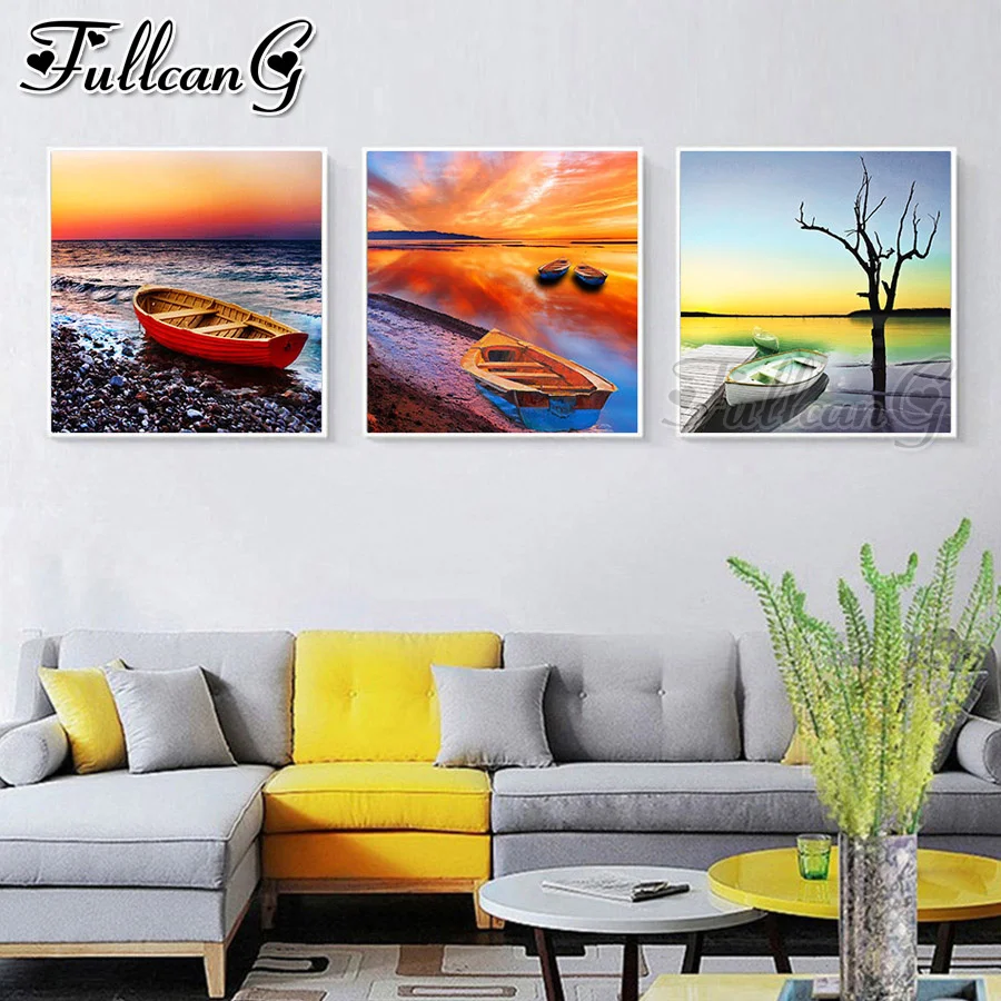 

FULLCANG 3pcs/set diy diamond embroidery Coast boat scenery triptych 5d diamond mazayka painting full square/round drill FC1891