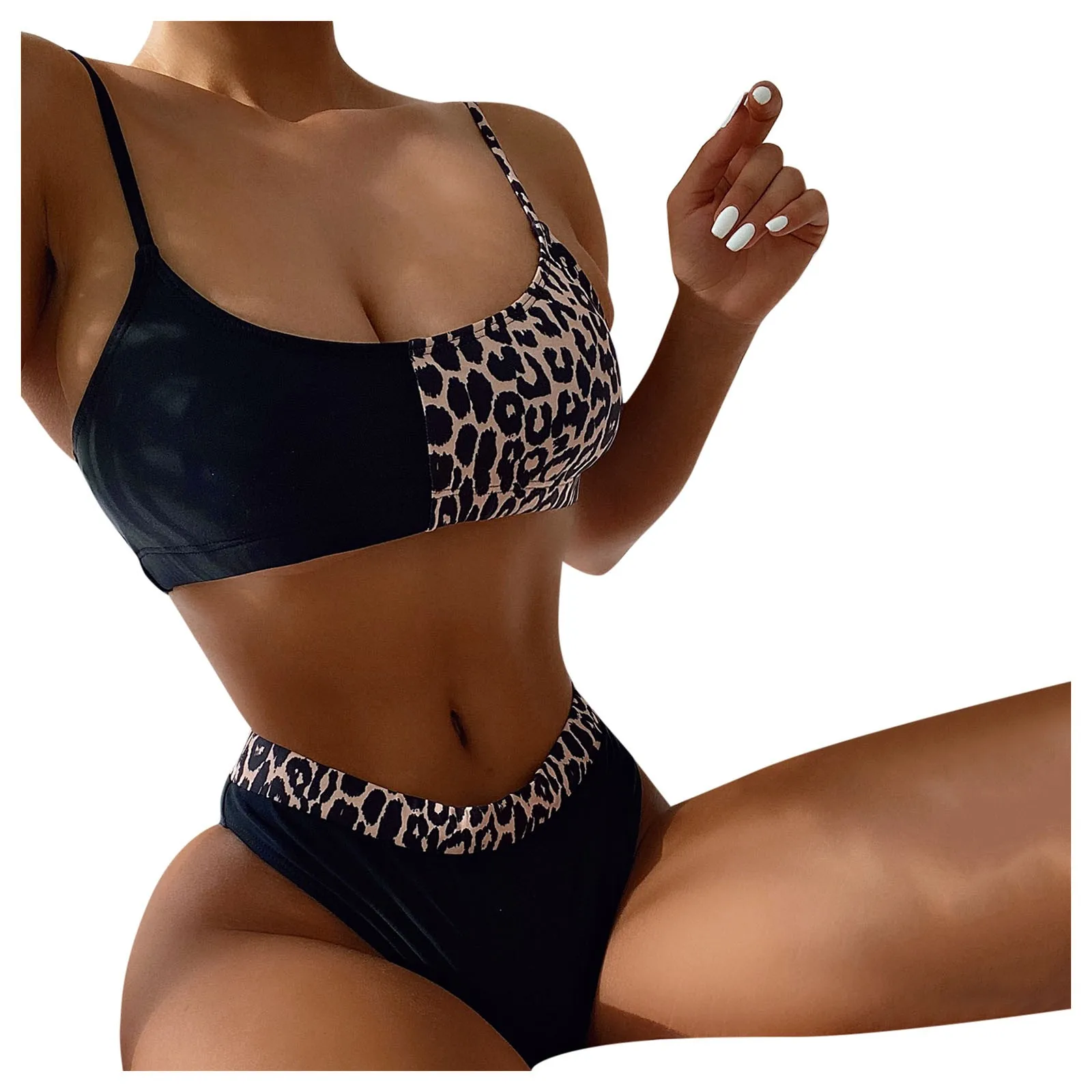 

U Neck Sling Bikini Set Swimsuit Leopard Print Patchwork Push up Padded Swimwear High Waist Beachwear Split Bathing Suits A50
