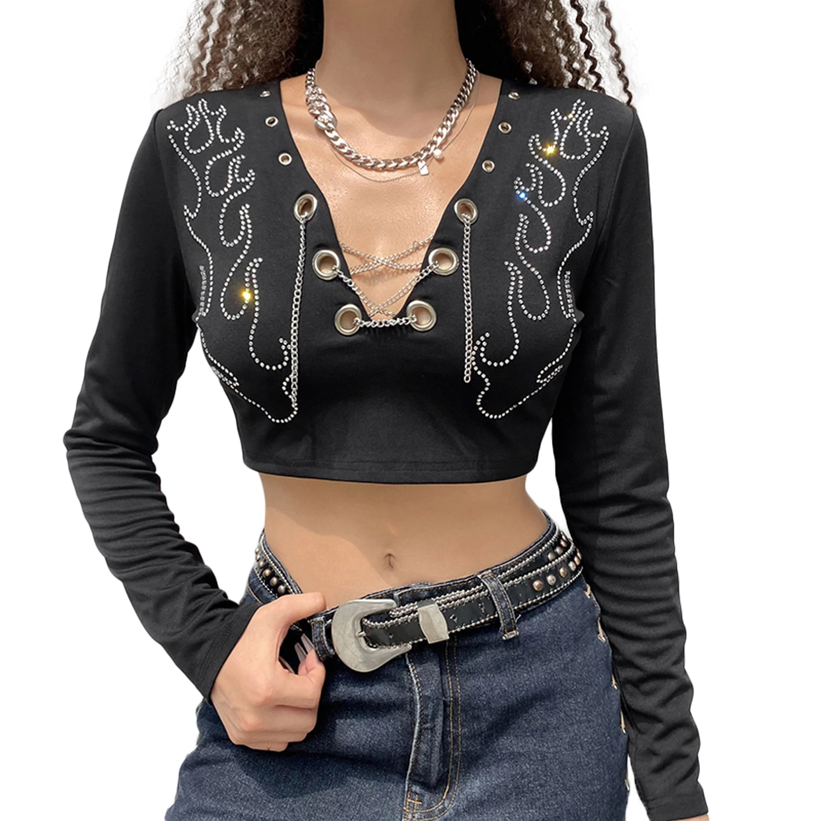 

Hirigin 2021 Woman Shirt Hollow Out Casual Street Party Long Sleeve V Neck Metal Chain Autumn Spring Tops Streetwear