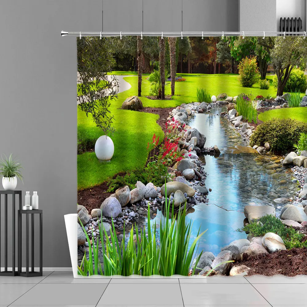 

Forest Landscape Shower Curtain Japan Fuji Mountain Green Plant Tree Waterfall Spring Scenery Bathroom Curtains Waterproof Cloth
