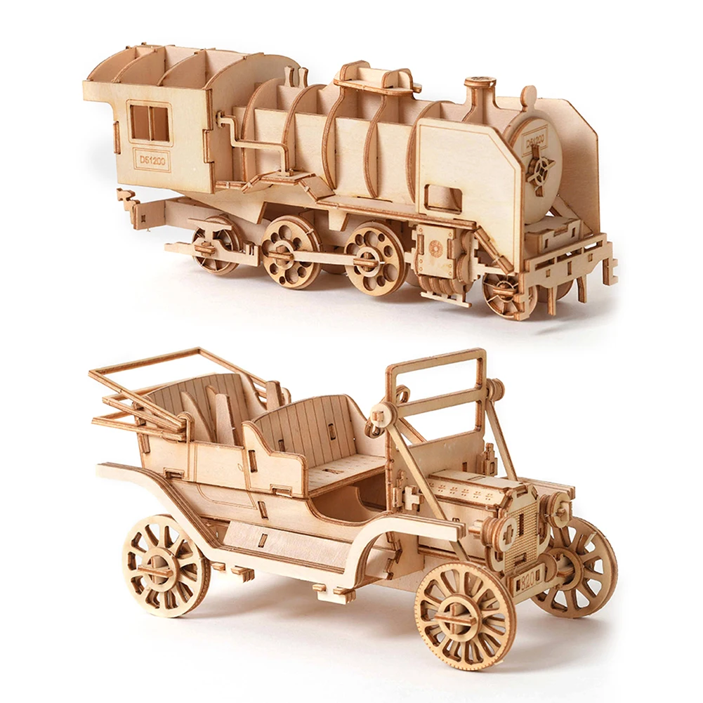 

3D Wooden Car Puzzle Model DIY Aircraft Handmade Children Kid Sailboat Adult Assembly Toys Desk Decor Sailing Ship Biplane Train