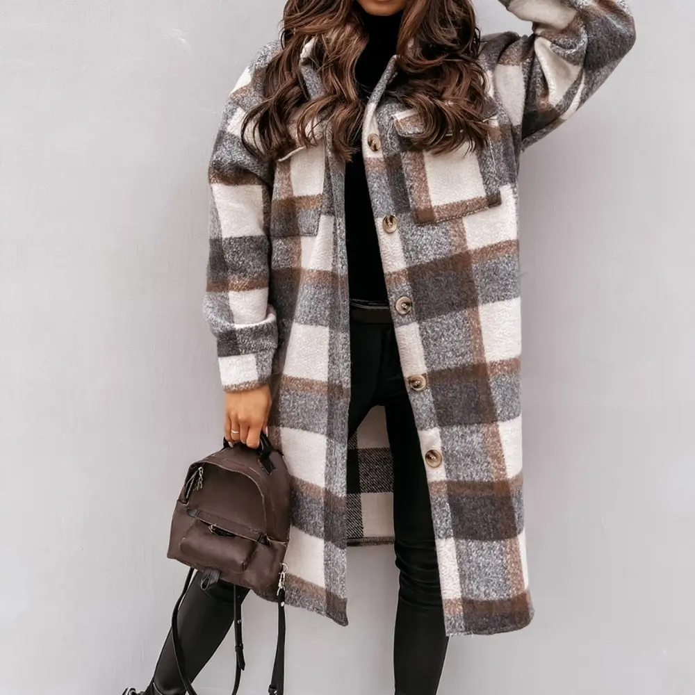 

2021 Winter Checked Women Jacket Turn Down Overcoat Thin Plaid Lon Coat Oversize Retro Female Streetwear Shirt Jacket