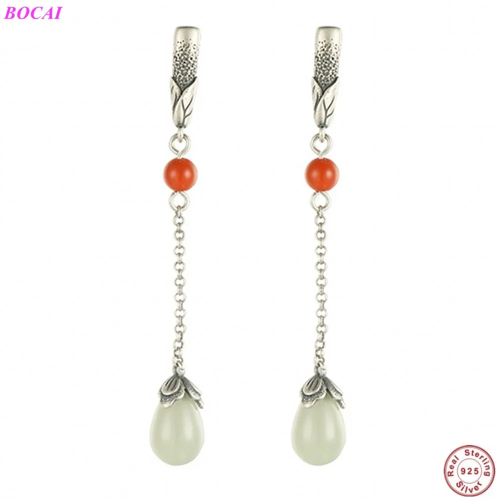

BOCAI S925 Sterling Silver Eardrop Female Fashion Temperament Hetian Natural Jade Water Droplets Tassel Thai Silver Earrings
