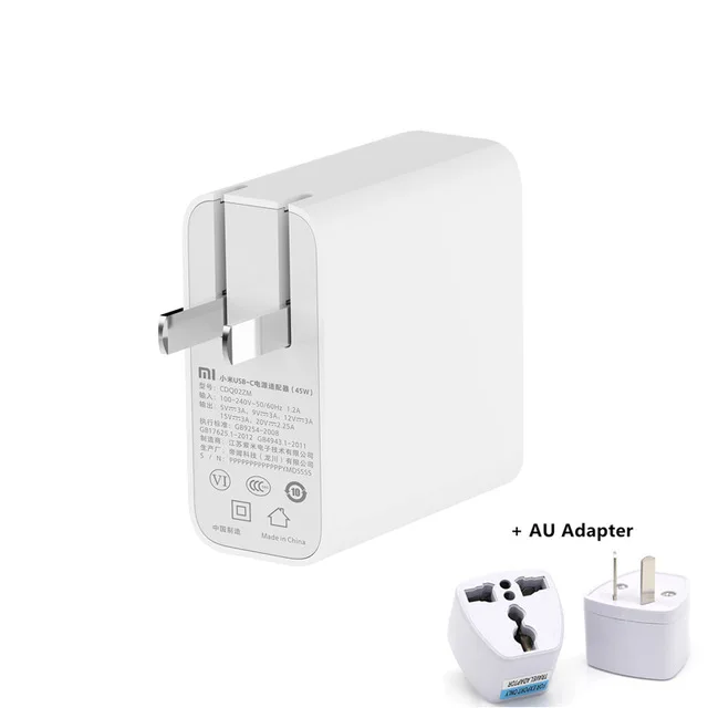 Add AU Adapter Xiaomi Mi USB-C 45 Вт Зарядное устройство умный выход тип-c порт USB PD 2,0 QC 3,0 Быстрая зарядка с кабелем C2C - Цвет: Add AU Adapter