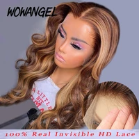 13x4 real hd lace frontal wig highlight wig human hair melt skins body wave invisible lace front wig blonde ombre closure wig