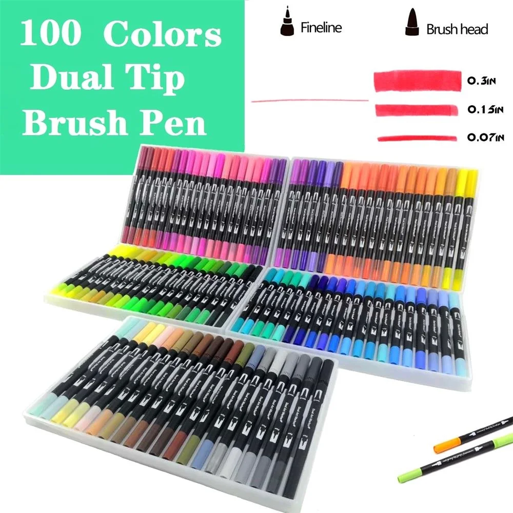 Высокое качество 100 цветов двойной тонкий наконечник кисти художественные