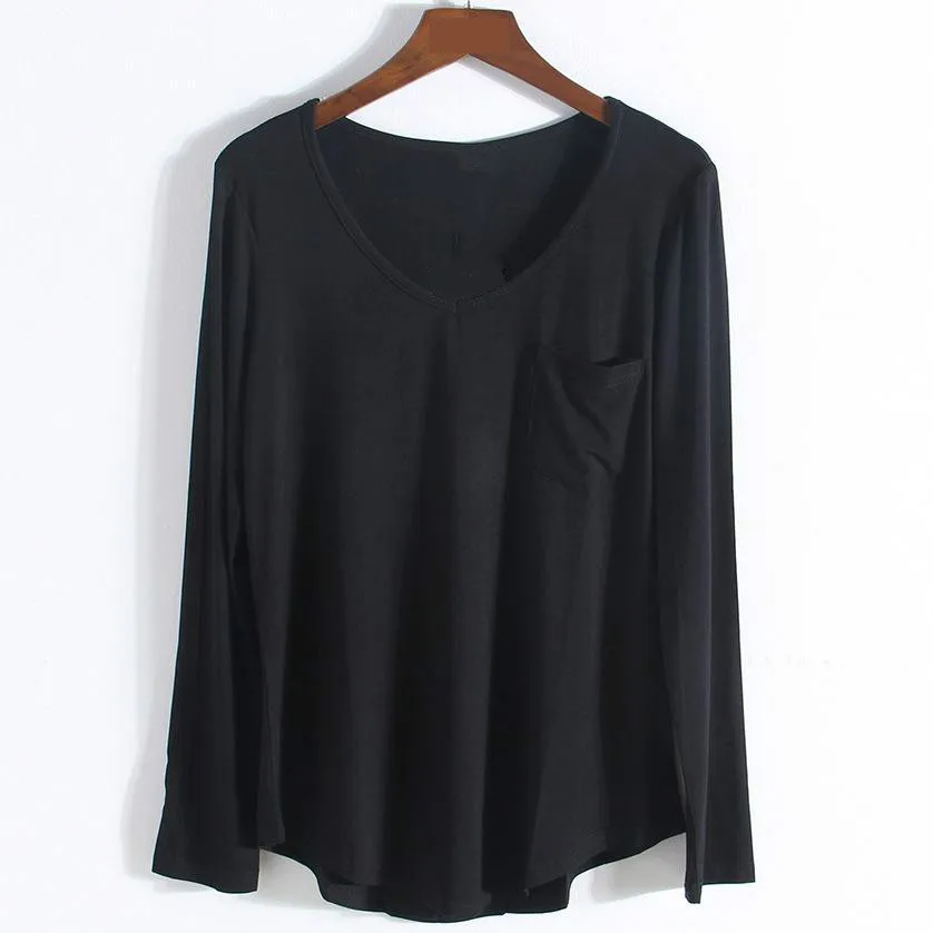 Модальный длинный рукав v образный вырез 4 цвета футболки весна лето Новое