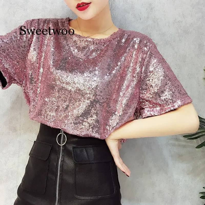 

2020 New T-shirt Women's Summer Women's Tops Sleeve Sequined T-shirt Casual Women's T-shirt