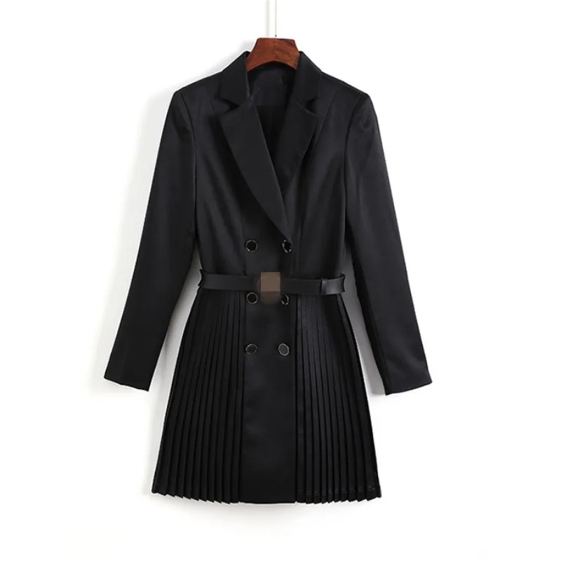

Office Ladies Blazer Dress Spring Autumn Double Breasted Elegant Long Sleeve A Line Dress Women Black White Mini Pleated Dresses