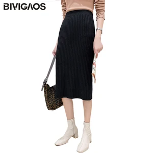 BIVIGAOS Осень-зима 2019 Новые вязаные юбки для женщин высокая талия миди тонкая юбка-карандаш модная эластичная длинная с разрезом облегающая юбка женская юбка теплая юбка зимняя юбки женские осень зима