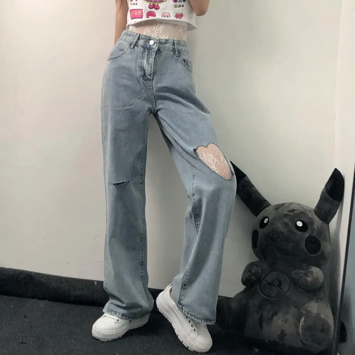 

Women'S Loose Jeans 2021 Heart-Shaped Hole Wide Legs High Waist Blue Washed Cotton Ladies Denim Trousers Summer Loose Jeans y2k
