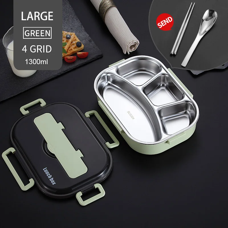 1300ml 4 Grid Green WORTHBUY японский детский Ланч-бокс из нержавеющей стали 304, Ланч-бокс с отсеком, посуда, контейнер для микроволновой печи - Цвет: 1300ml 4 Grid Green
