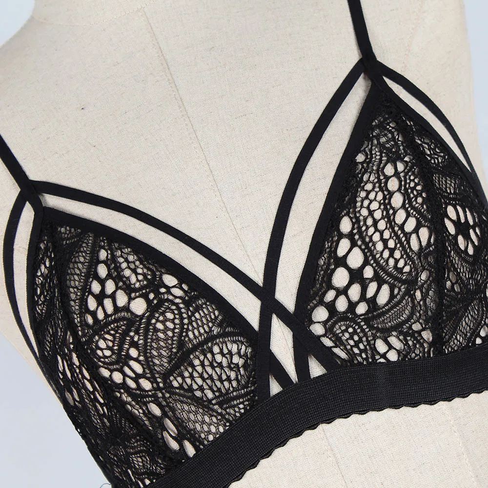 

Women's Bra Lace Harness Elastic Cage Bra Black Strappy Hollow Out Bralette Bustier Wire Free Bras Women Crop Top Pub Wear FT