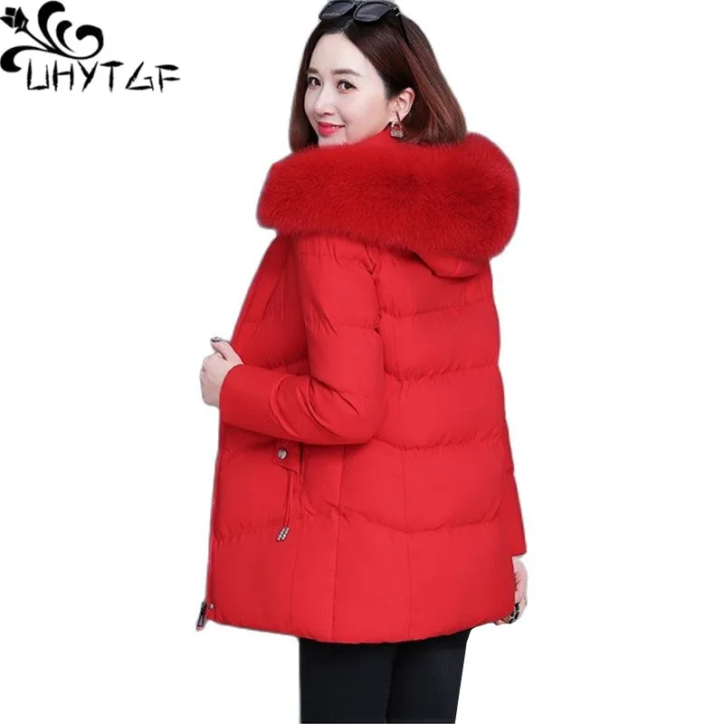 UHYTGF Quality Short Down Jacket Winter Coat For Women Fur Collar Hooded Cold Warm Loose Size Outewear Thick Female Overcoat1661