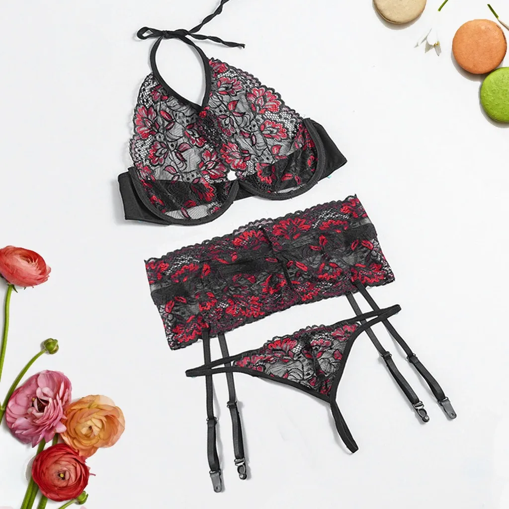 

Three Pices Women Sexy Lingerie Set Embroidery Lace Babydoll Soft Girl Cosplay Costumes Gifts Hollow Bra Panty Garter Set #P2