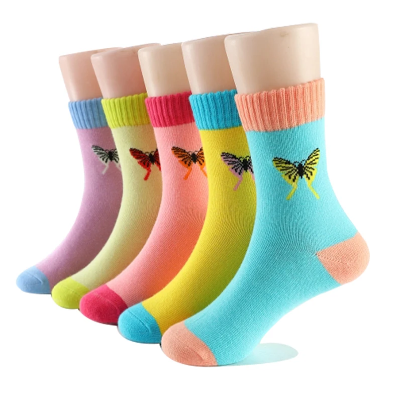 Calcetines de algod&oacute;n con estampado de mariposas para ni&ntilde;a, medias de colores pastel, de 1 a 16 a&ntilde;os, 5 par/lote-0