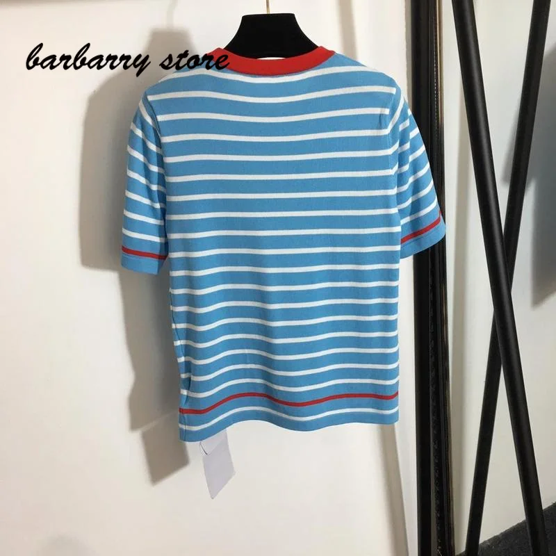 

21 spring summer high quatity vintage embroidery stripe color matching knitted top fashion casual versatile short sleeve T-shirt