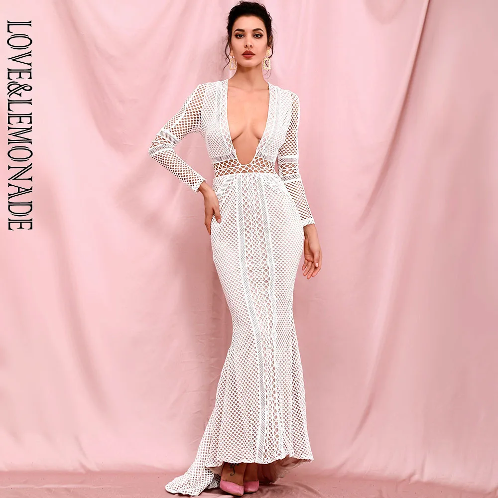 Женское кружевное платье LOVE & LEMONADE Белое Облегающее Платье макси с глубоким v