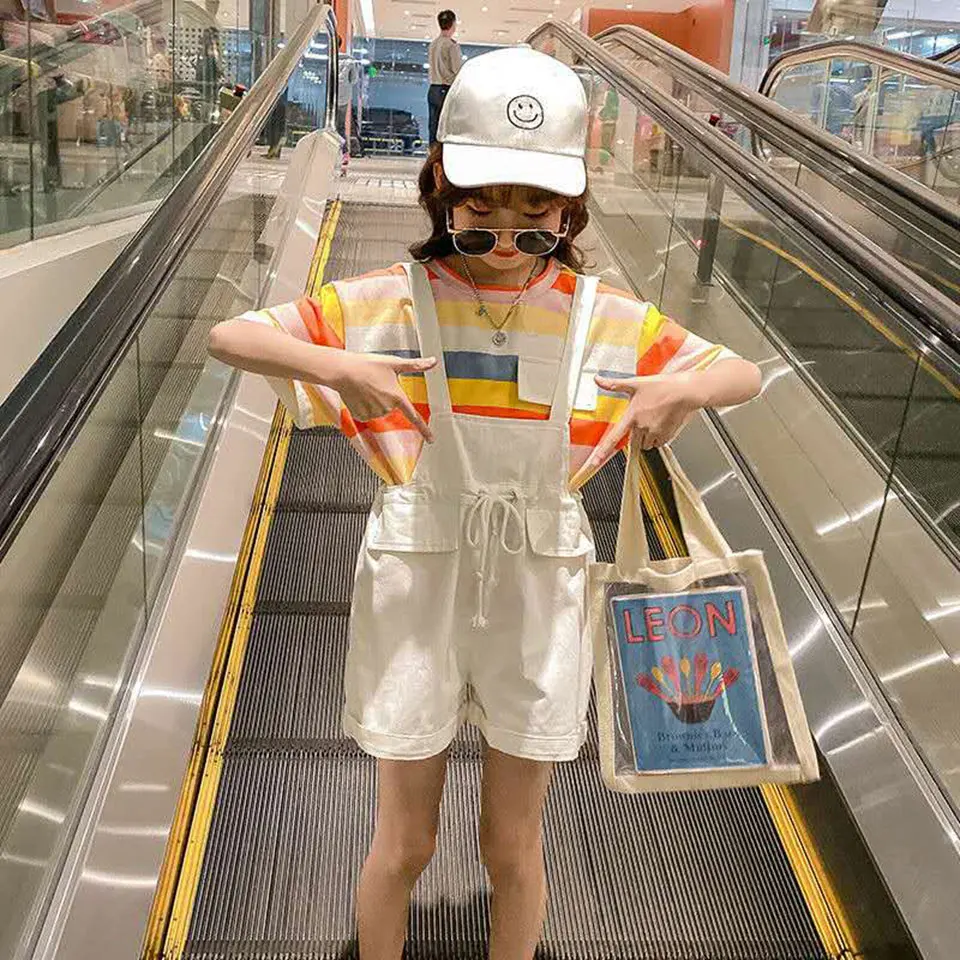 Новый комплект одежды для девочек из 2 предметов летняя футболка в полоску +