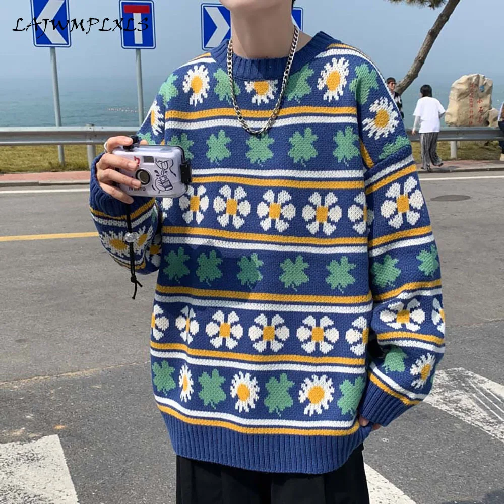 

Mens Winter Sweater Pullover 2021 Harajuku Sweaters Men Japanese Streetwear Flowers Knitted Sweater Men Vintage Sweater