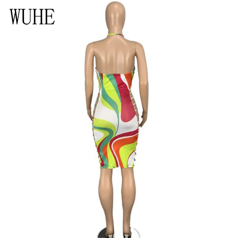 

WUHE Nightclub Sexy Mini Dresses Patchwork Print Open Back Off Shoulder Sleeveless Halter Package Hip Party Casual Bodycon