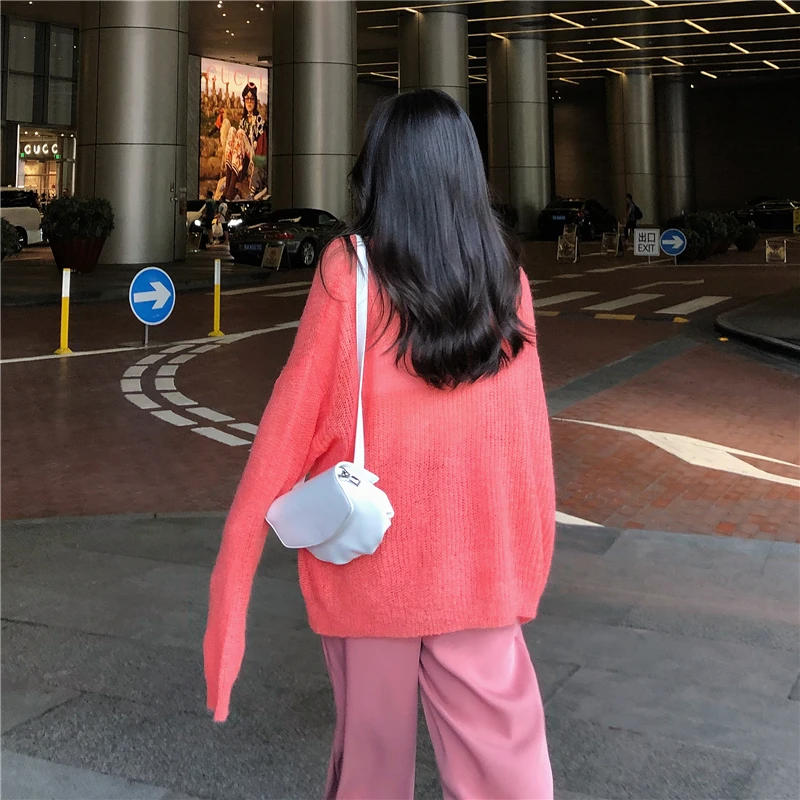 Lucyever Fashion Knitted Black Sweater Women Long Sleeve V-neck See-through Woman Autumn Casual Loose Solid Pull Femme | Женская одежда