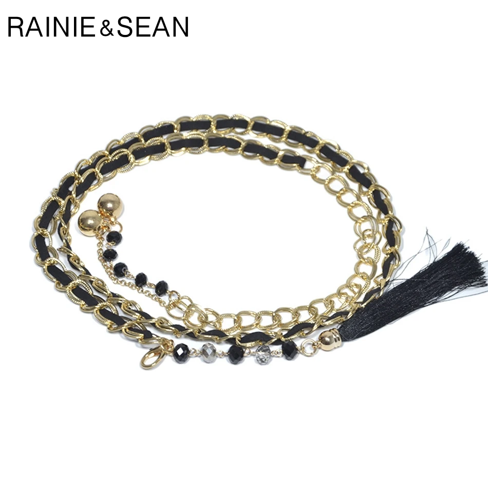 Женский тонкий пояс с кисточками и стразами RAINIE SEAN элегантный черного золотого