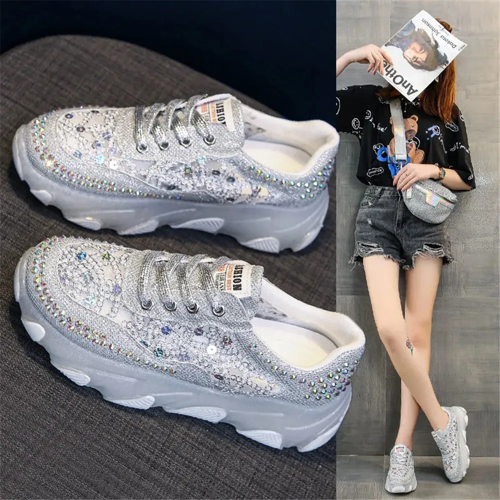 New Women Punk Gothic Style Lace Up Platform Sneakers Bling Rhinestone Campus Sweet Student Breathable Shoes Mujer Zapatos 35-40