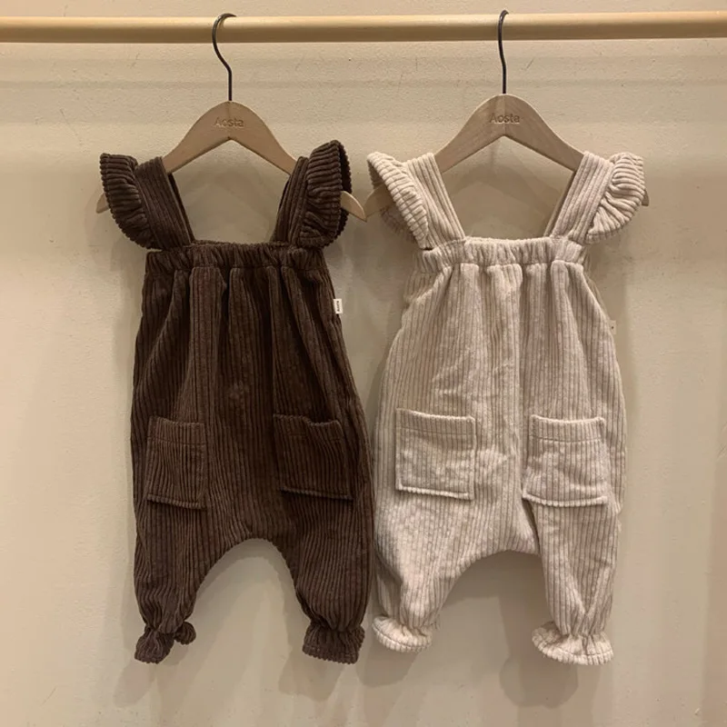 

New Infant Kids Baby Boys Overalls Corduroy Girls Fly Sleeve Overalls Ruffle Jumpsuit Solid Children Casual Strap Pants
