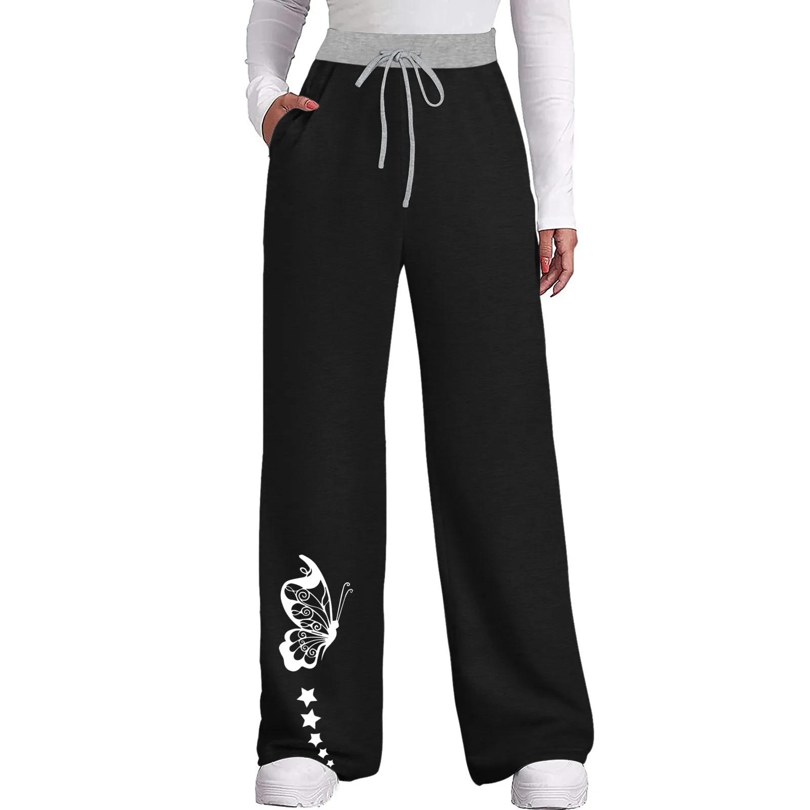 

Women's Pants With Pockets Butterfly Casual Sports Pants High Waist Drawstring Pants Vintage Straight Leg Trousers 4