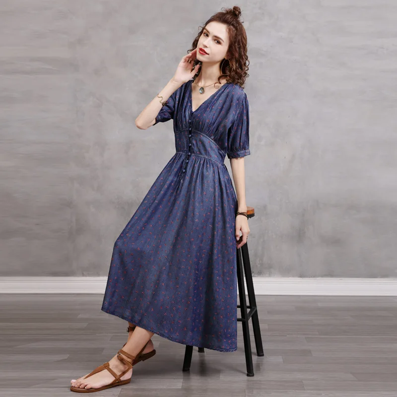 

IEQJ Women Blue Casual Elegant V-neck Printed Ruffles Short-sleeved Retro Dress New Loose Fit Fashion Tide Summer 2021 3F0460