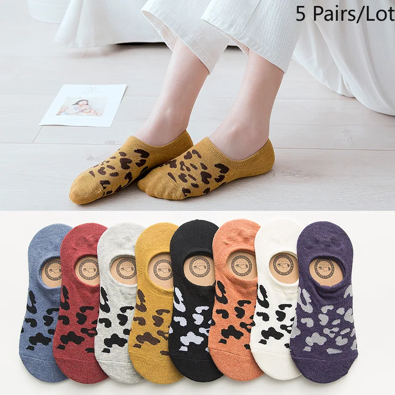 

Women Leopard Print Invisible Boat Socks Korean Style Lady's Casual Socks Silicon Non-slip Design Fashionable Leopard Print