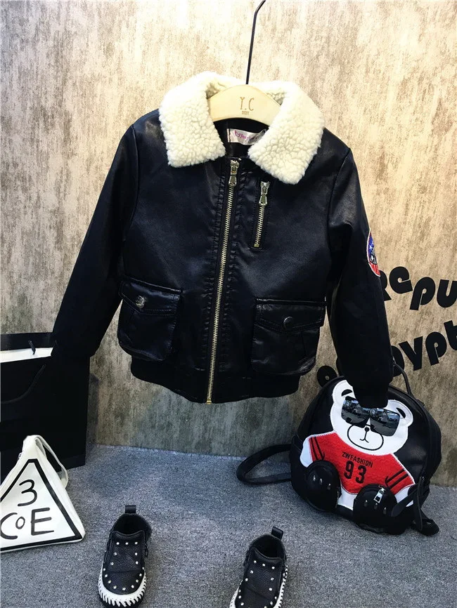 3 шт. детский комплект одежды из искусственной кожи свитера и джинсов с плюшевой