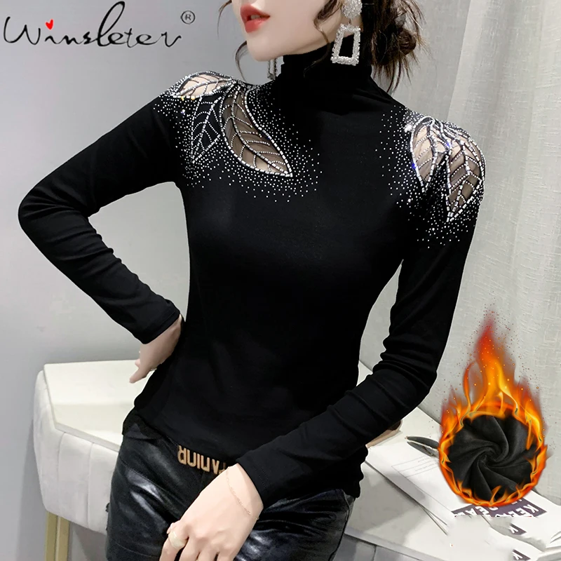 

MadBlack Fall Winter Thick T-Shirt Sexy Diamonds Women Cotton Tops With Fleece Patchwork Mesh Bottoming Shirt New Tees T1N422A
