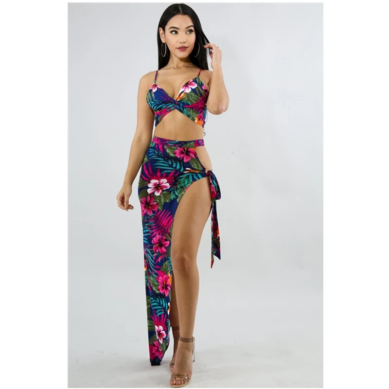 

Women Summer Two Piece Set Dress Sexy Flower Print Boho Dresses Slip V Neck Irregular Long Robe De Soire De Mariage Beach Wear