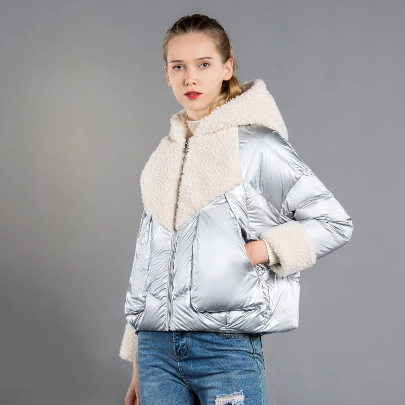 

Женские пуховики с гранулированным ворсом в стиле пэчворк, новинка 2021, зимние куртки из смешанной шерсти ягненка и утиного пуха, элегантное ...