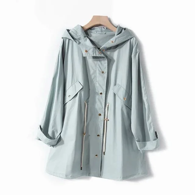

Trench 2021 Women New Loose Candy Drawstring Waist Trench Coat Mid-length Hooded Jacket