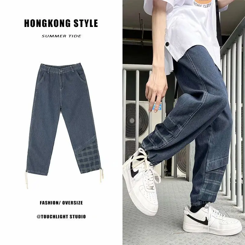 

Hip-hop Overalls Jeans Spring Summer Trend Stitching Straight Leg Pants Thin Beggar Denim Trousers Men's Casual Loose Streetwear