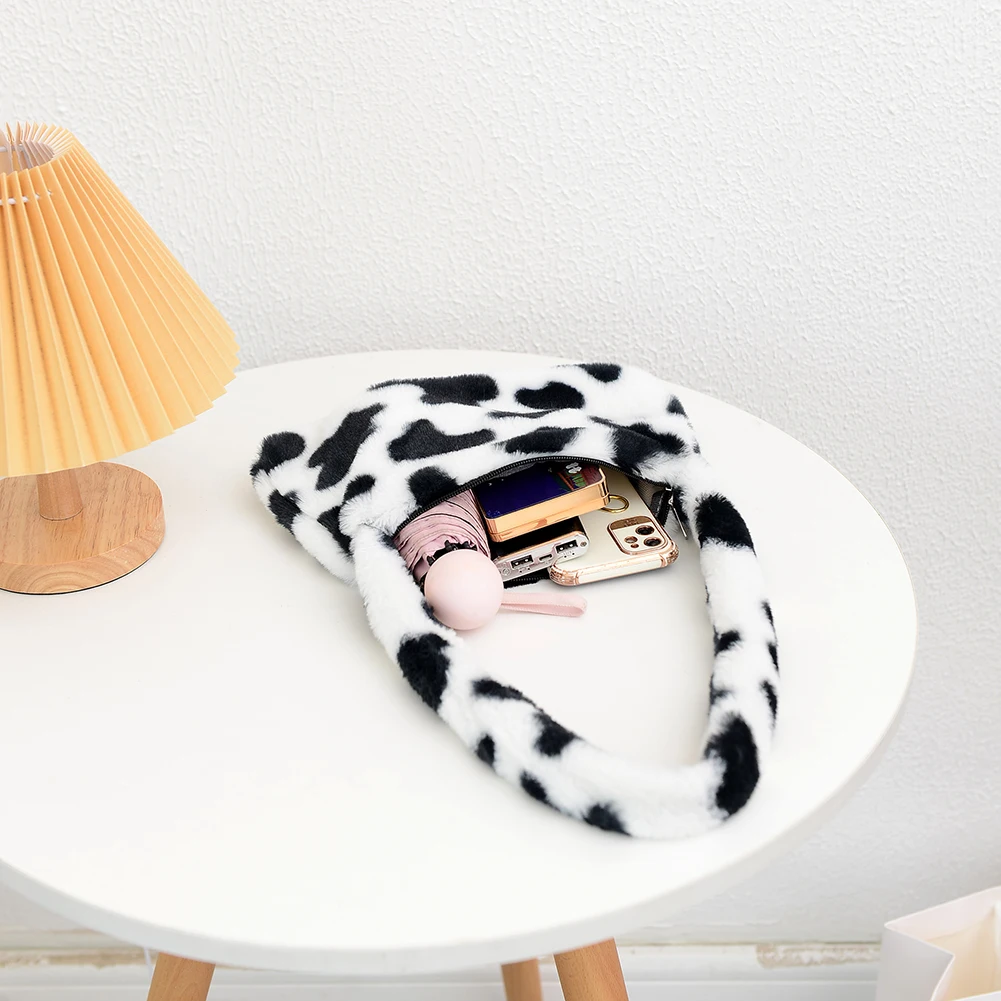 Модные женские мини-сумки на плечо с коровьим принтом зимние плюшевые сумки