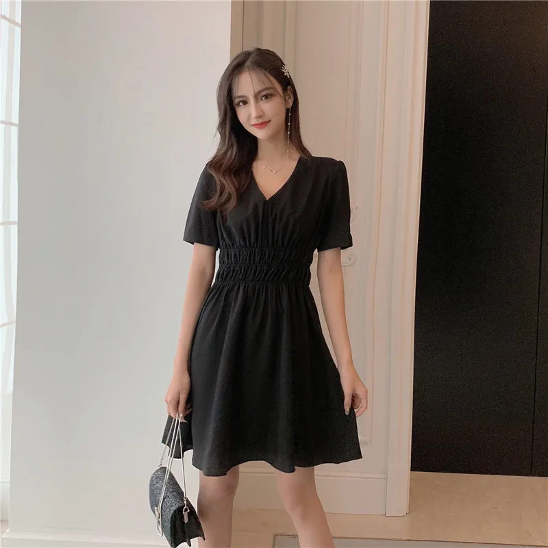 Шифоновое женское платье миди 2019 летняя одежда для v-образным вырезом