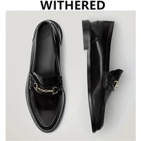 withered new egnland style fashion vintage metal ring buckle genuine leather slip on loafers women shoes woman flat shoes women