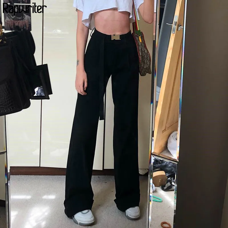 

Rapwriter Streetwear Loose Black Straight Y2k Pant Women Hot Spring High Waist Pants Trousers Long Pant Buttons Capris Pocket