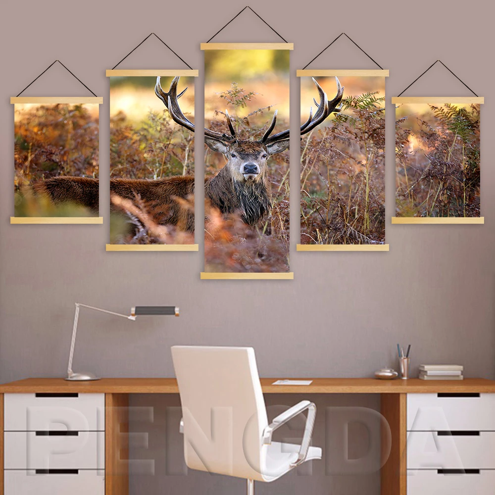 

Настенный плакат в скандинавском стиле, украшение для дома, печать, 5 шт., животное с оленем, холщовая картина, деревянный свиток, подвесная к...