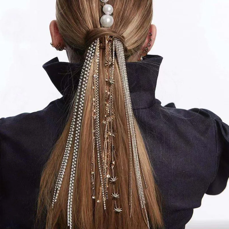 Fashion Multicolor Crystal Tassel Female Horsetail Combs For Women Long CZ Imitation Pearl Ponytail Braid Hair Comb Accessories | Украшения