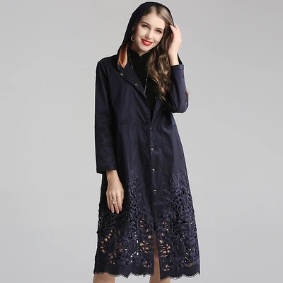 dark blue XXXL Верхняя одежда Пальто осенний Повседневный плащ женское с капюшоном выдалбливают вышивка длинный рукав винтажные длинные пальто женские - Цвет: dark blue