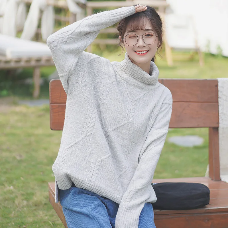 

Chic Khaki 2019 Autumn and Winter New Loose Pullover Women's All-Matching High Neck Knitwear Twist Plaid Bottoming Shirt