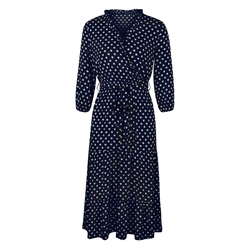 

Women Cottagecore Dress Autumn Winter Dot Bandage Dress Woman Casual Ruffles V Neck High Waist Slim Print Long Dresses Fashion