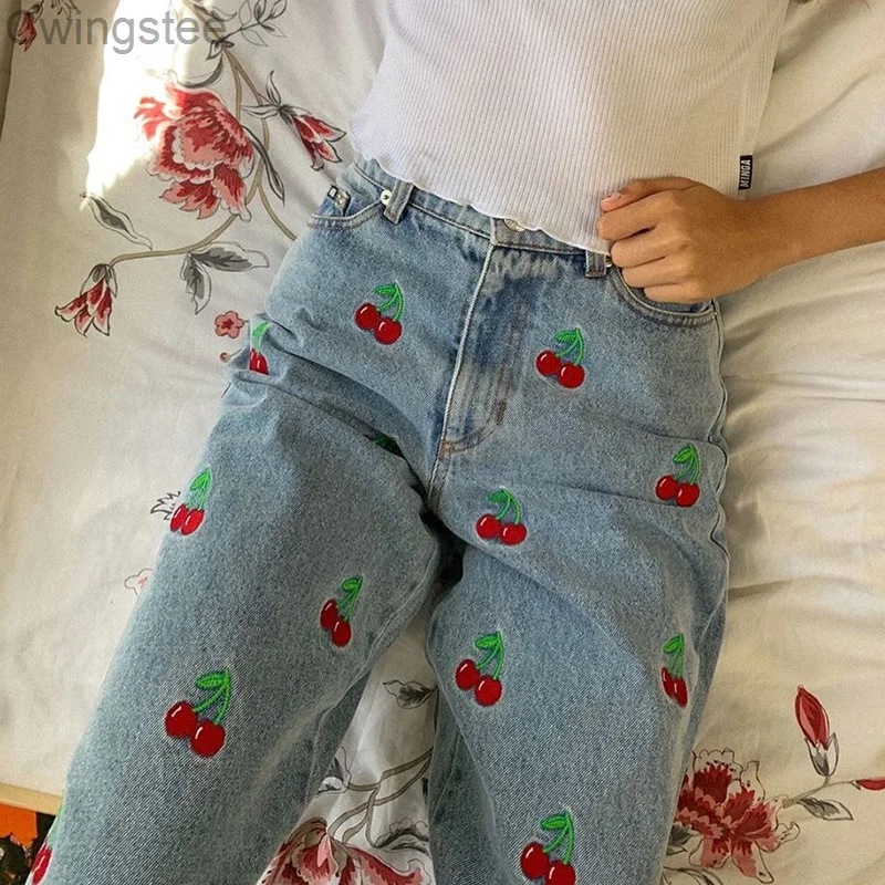 

Джинсы-карандаш женские с вышивкой, модные брюки из денима с завышенной талией в стиле Харадзюку, уличная одежда в эстетическом стиле