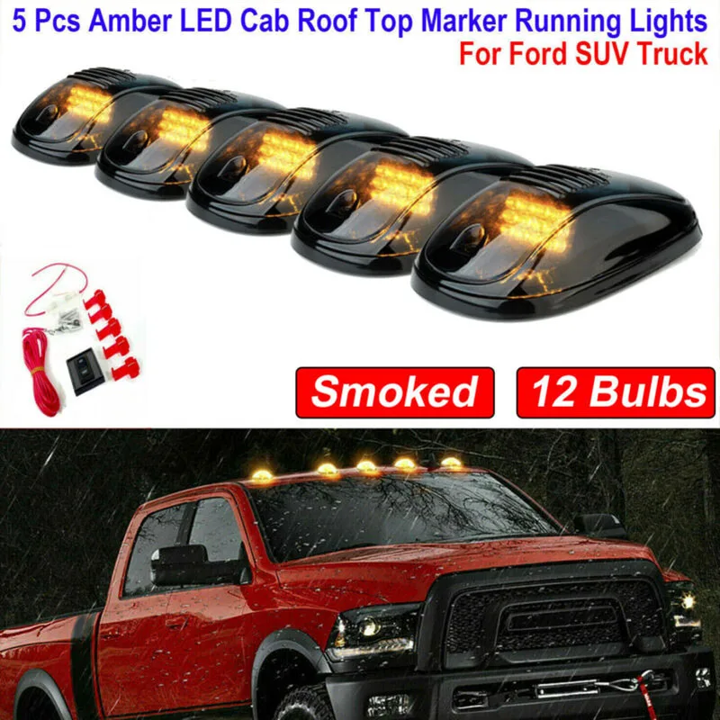 

5*Amber 12-LED Cab Roof Top Marker Running Lights Smoked Lens for Ford SUV Truck SUV 4x4 Assembly Bulbs Clearance Light