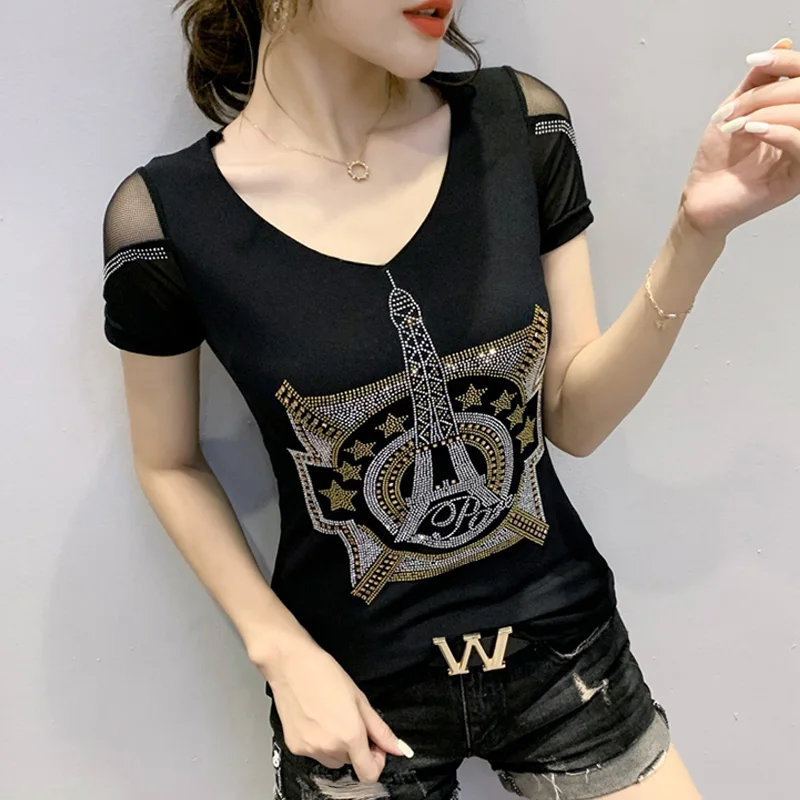

#5925 Black Blue Mesh T Shirt Women Diamonds Sexy Tight T-shirt Women Hollow Out See Through T Shirt Female V Neck Summer Tops